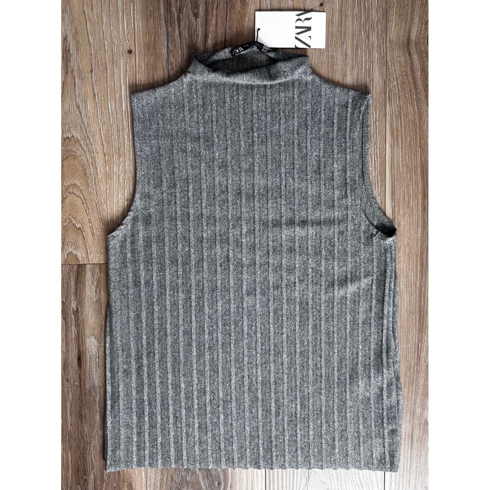 Zara NWT Grey Ribbed Mock Neck‎ Sleeveless Knit Top M Chic Quiet Luxury Capsule